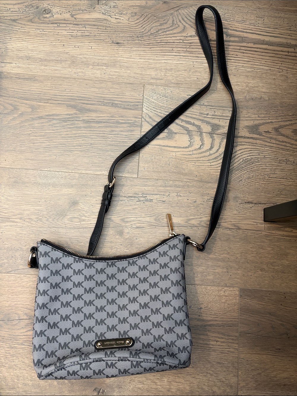 Michael Kors Gray MK Logo Crossbody with Black Strap and Gold Hardware